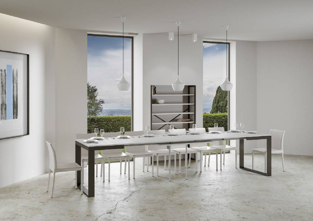 Itamoby Tavolo Tecno Evolution piano Bianco Frassino 90×120 Allungato 90×380 telaio Antracite Presa