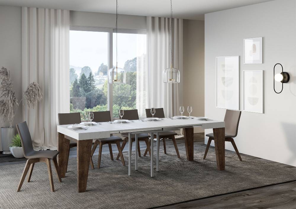 Itamoby Tavolo Naxy Mix Allungabile Piano Bianco Frassino Gambe Noce 90×90 Allungato 246 Offerta Anniversario