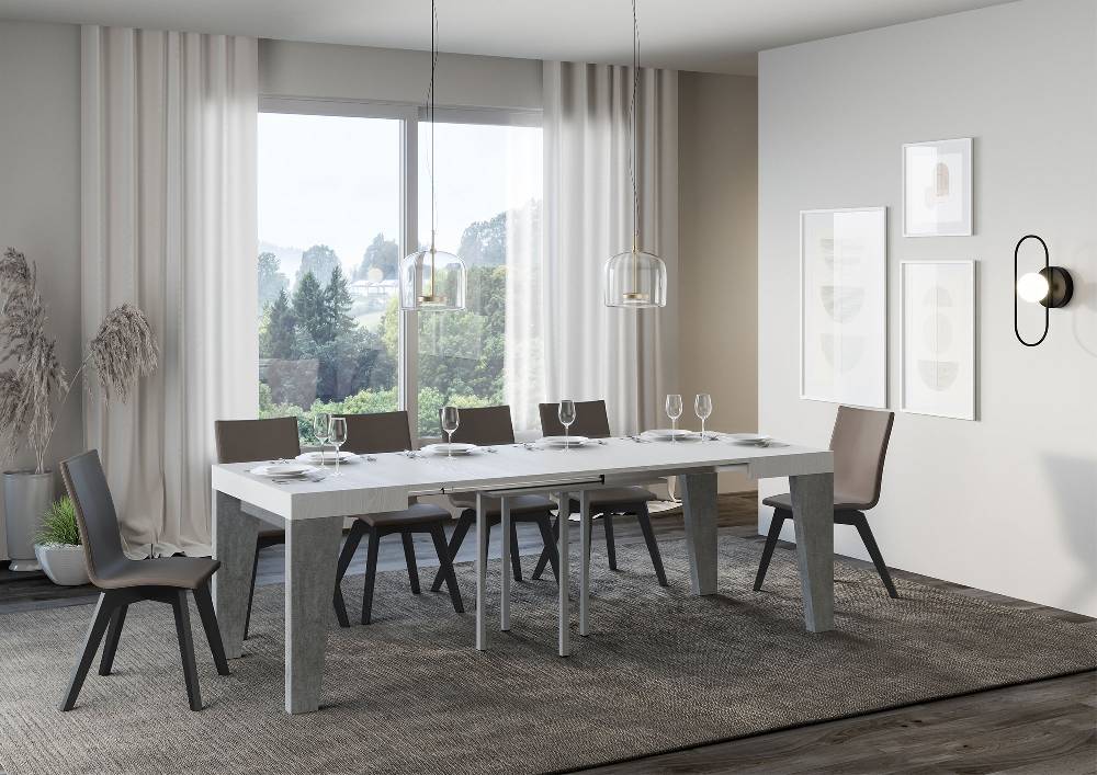 Itamoby Tavolo Naxy Mix Allungabile Piano Bianco Frassino Gambe Cemento 90×90 Allungato 246 Smaltimento dello stoccaggio