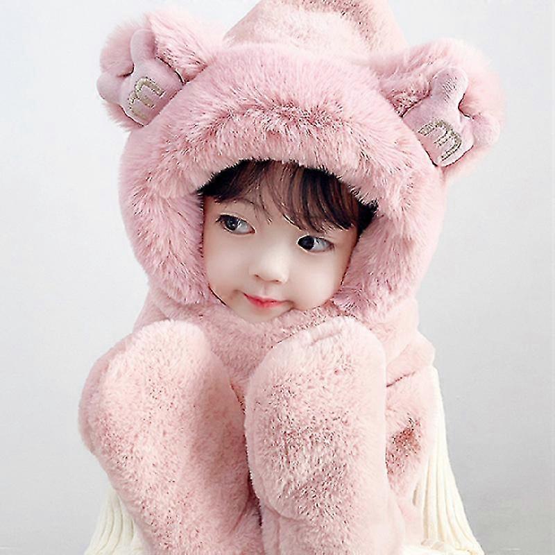Kids Teens Girls 3 In 1 Warm Set Plush Fluffy Cartoon Winter Hat Scarf Mitten Gloves Consegna Veloce