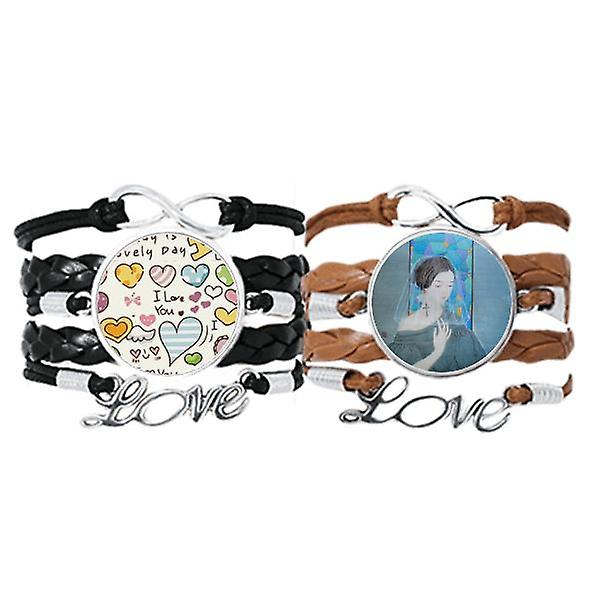Blue Beauty White Yarn Chinese Painting Bracelet Hand Strap Leather Love Pattern Wristband Double Set
