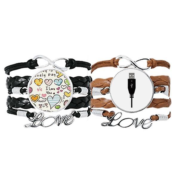 Nero USB Plug Cavo di ricarica Modello Braccialetto Cinturino a mano Pelle Love Pattern Wristband Double Set In Saldo