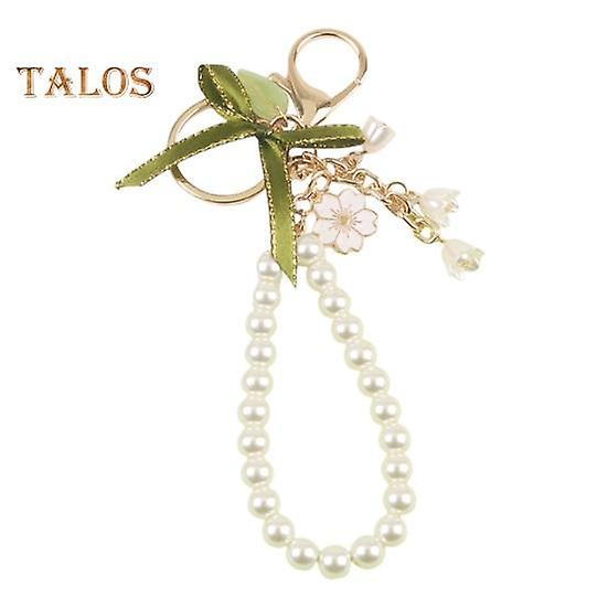 Flower Metal Keychain Pendant Faux Pearl Ribbon Bowknot Decor Car Key Chain Earphone Bag Phone Accessories Vendita Calda