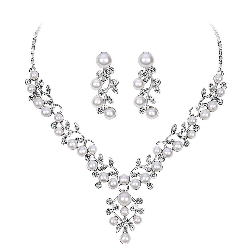 Crystal Rhinestone Pearl Flower Leaf Necklace Earrings Set Wedding Jewelry Negozio