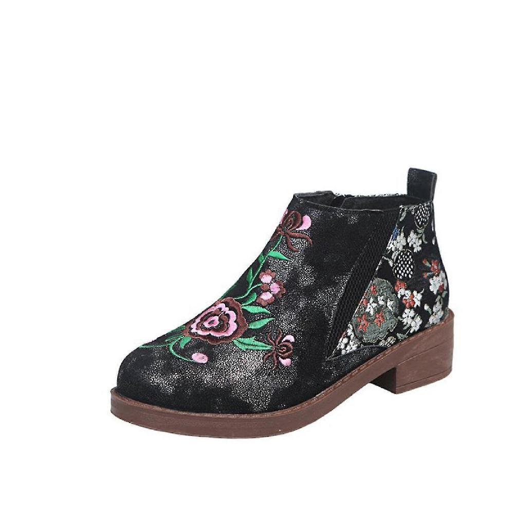 Ladies Mid-heel Short Boots Embroidered Retro Round Toe Side Zipper Stretch Belt Single Boots Outlet