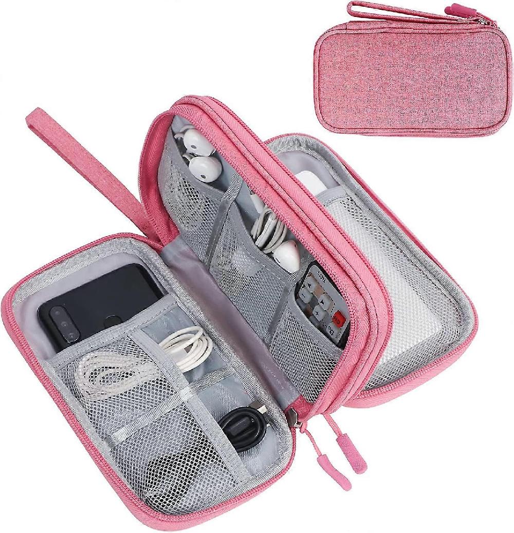 Electronics Accessories Organiser Bag Cable Organiser Bag 2-Layers Portable Waterproof Travel Bag for Cable SD Cards Charger Power Bank Pink Nuovo