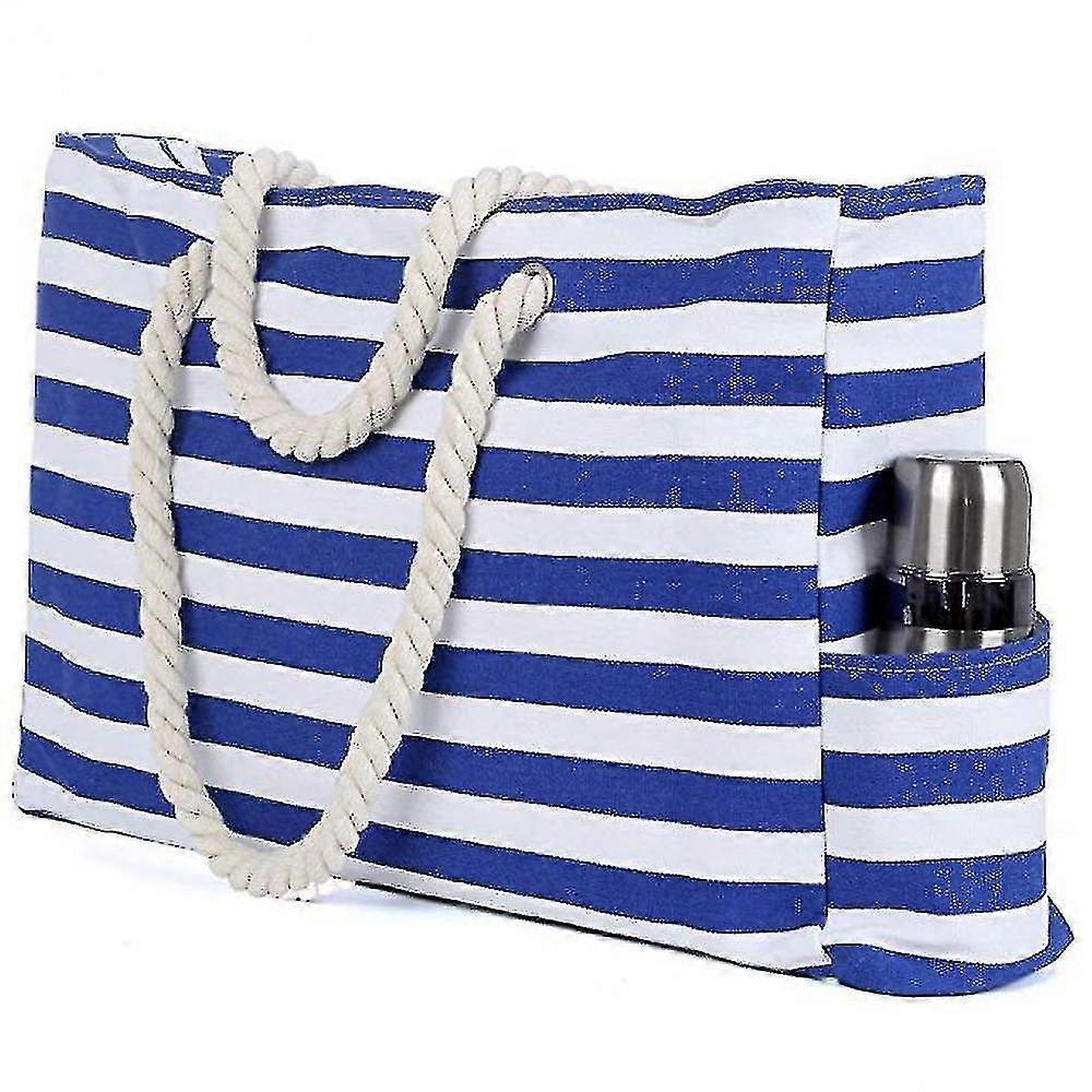 Borsa da spiaggia di grande capacità manico in corda di cotone borsa da spiaggia in tela a strisce blu inclusa tasca interna Hotsell