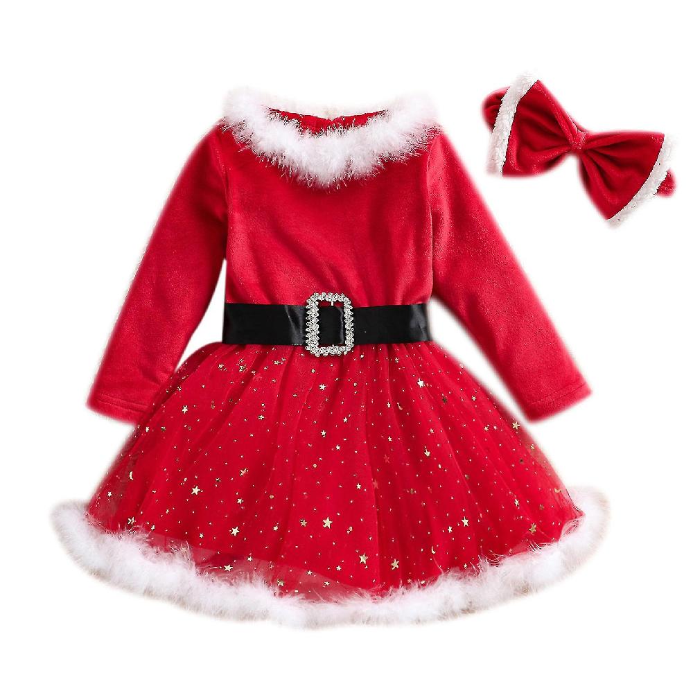 Abito di Natale da ragazza Abito di Natale a maniche lunghe + fascia 2pcs Outfits Qualità