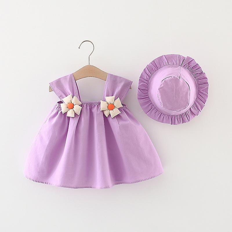 2PCS/set Cotton Toddler Baby Girls Summer Princess Dress Solid Color Sleeveless Sling Dress with Flower Decor + Hat 6M-3T Ultimo giorno