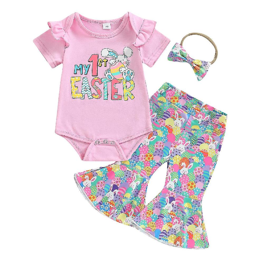 Baby Girls Summer Casual Outfits Cute Bunny Print Romper With Bell-bottom Pants Headband For Easter Birthday Party Daily Wear Fino al 50% di sconto