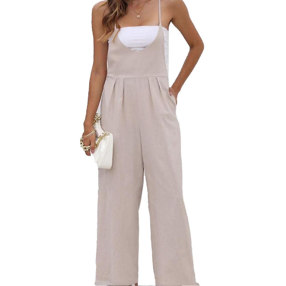 Women Long Overalls Spaghetti Straps Sleeveless Side Pockets One Piece Casual Loose Jumpsuit Khaki Offerta migliore