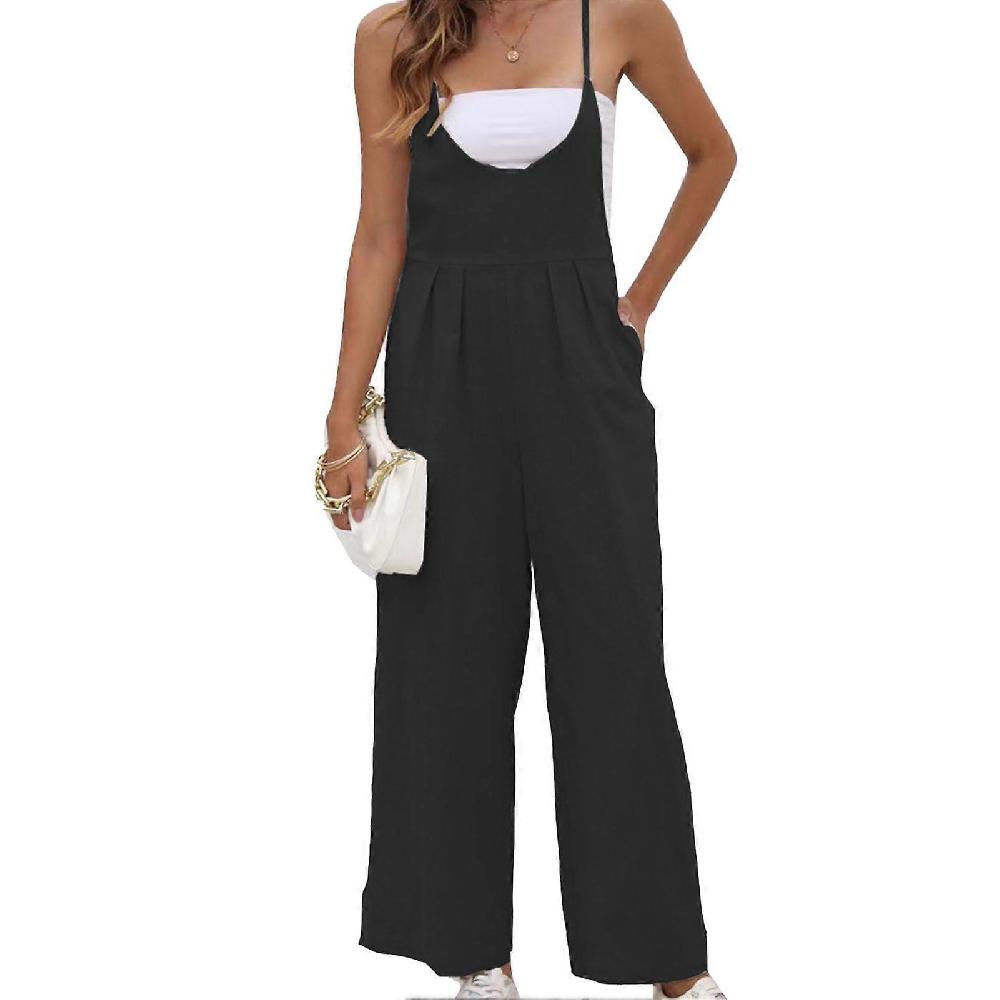 Women Long Overalls Spaghetti Straps Sleeveless Side Pockets One Piece Casual Loose Jumpsuit Black Latest fashion
