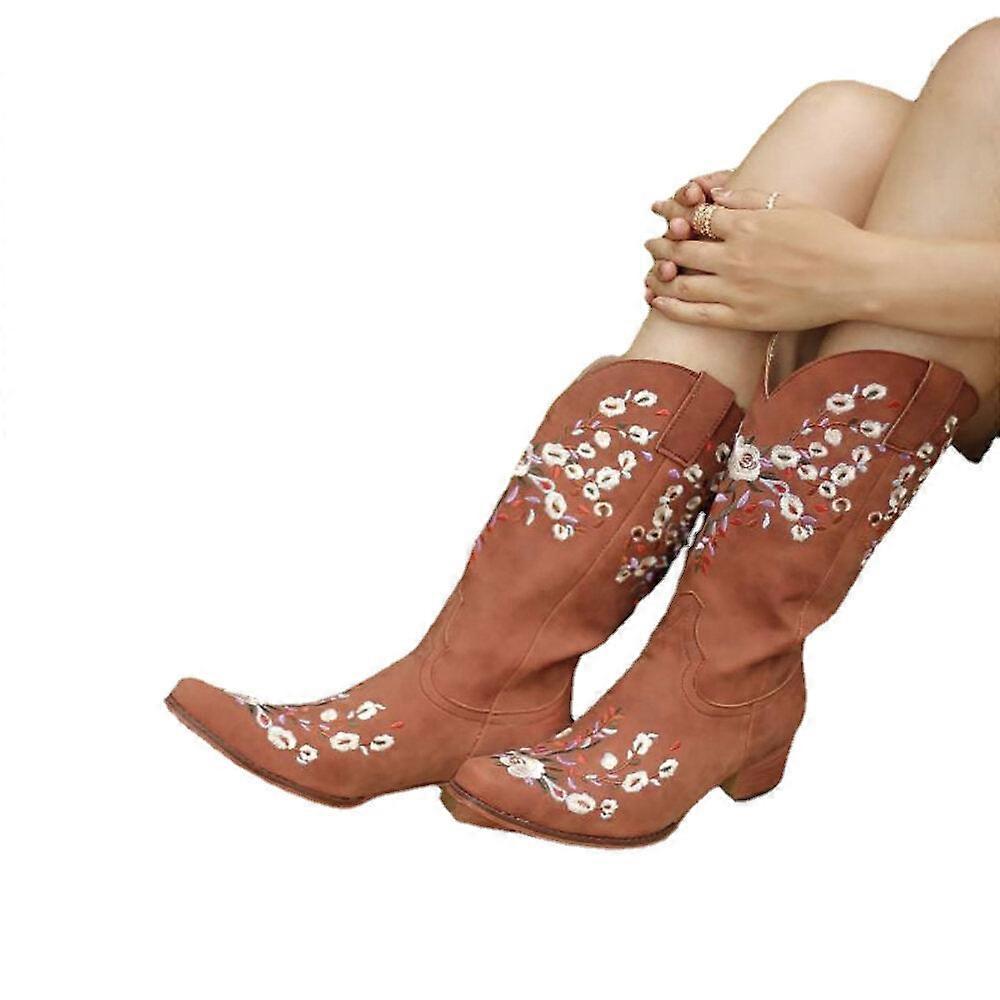 Women Large Size Retro Flowers Embroidered Slip On Cowboy Boots Lightning offer