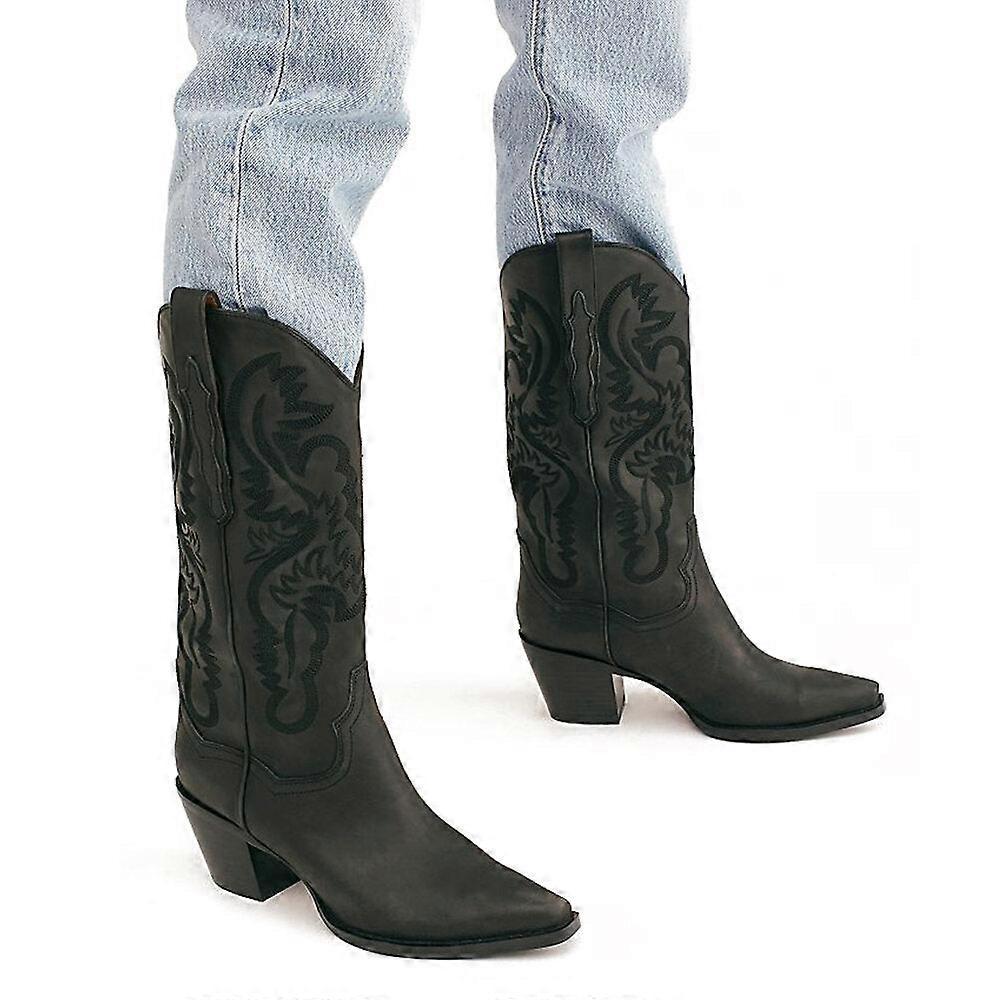 Plus Size Retro Women Floral Chunky Heel Mid-calf Cowboy Boots Grandi sconti