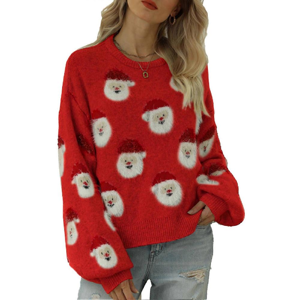 Women Christmas Santa Knitted Sweater Round Neck Long Sleeve Funny Pullover for Autumn Winter Red M Ultimi tre giorni