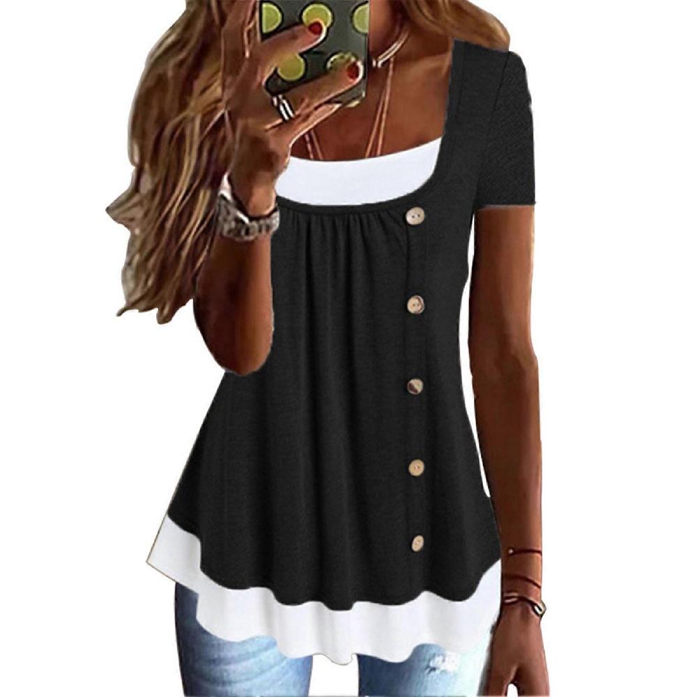 Black M 2 in 1 T Shirt Pleated Front Button Trim Loose Fitting Summer Casual Blouse for Women