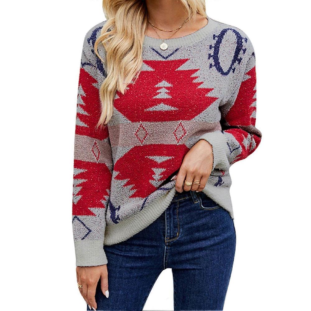 Women Christmas Pullover Sweater Crew Neck Long Sleeve Loose Fit Color Blocking Knitted Top Grey L Fino al 65% di sconto
