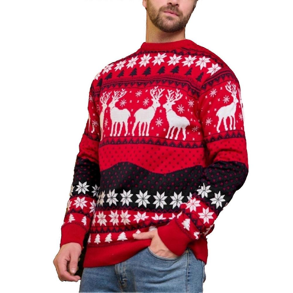 Xmas Snowflake Sweater Long Sleeve Elk Printed Round Neck Warm Knitted Sweater New Year Outdoor Daily Red for Men L