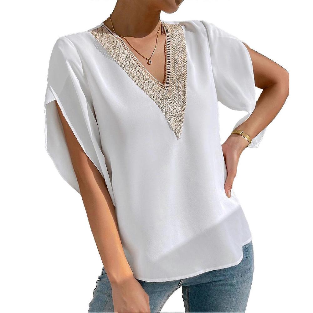 White L Petal Sleeve Blouse Top Guipure Lace V Neck Petal Short Sleeve Blouse for Summer Spring Esporta salva