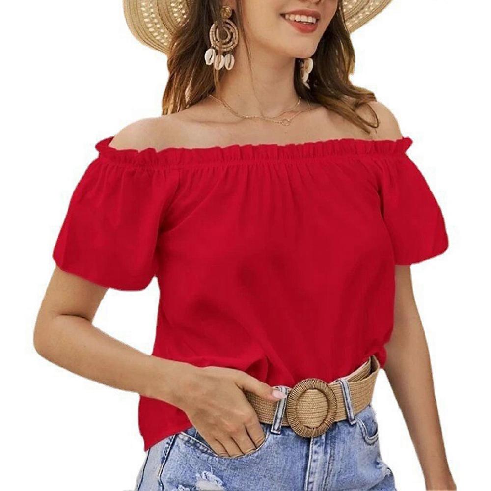 Red S Women Off Shoulder Top Casual Plain Color Short Sleeve Frill Trim Loose Fit Summer Pullover Blouse Black Friday Prezzi