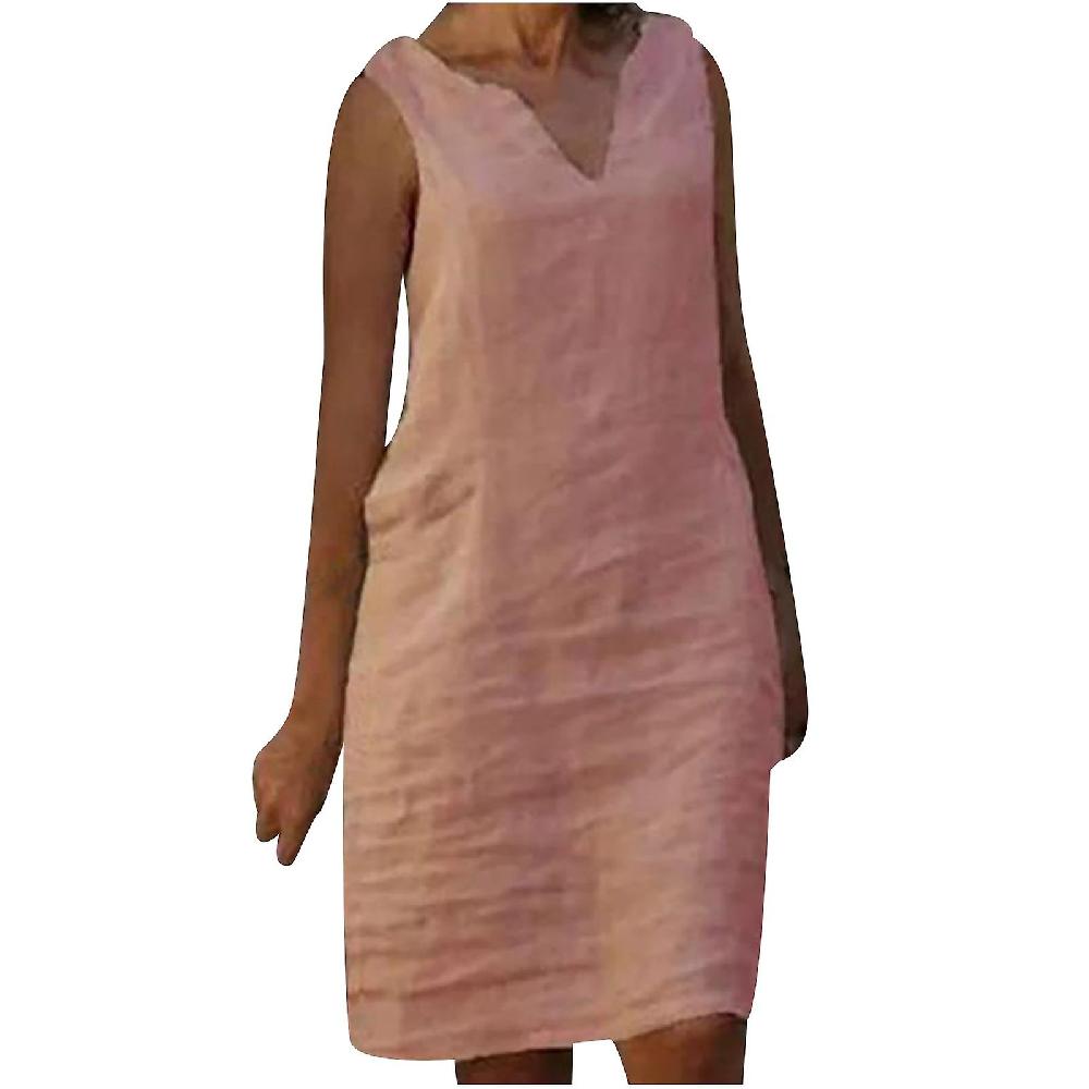 Fashion Women Casual Plus Size V-Neck Soild Color Sleeveless Vest Linen Dress Affare Del Giorno