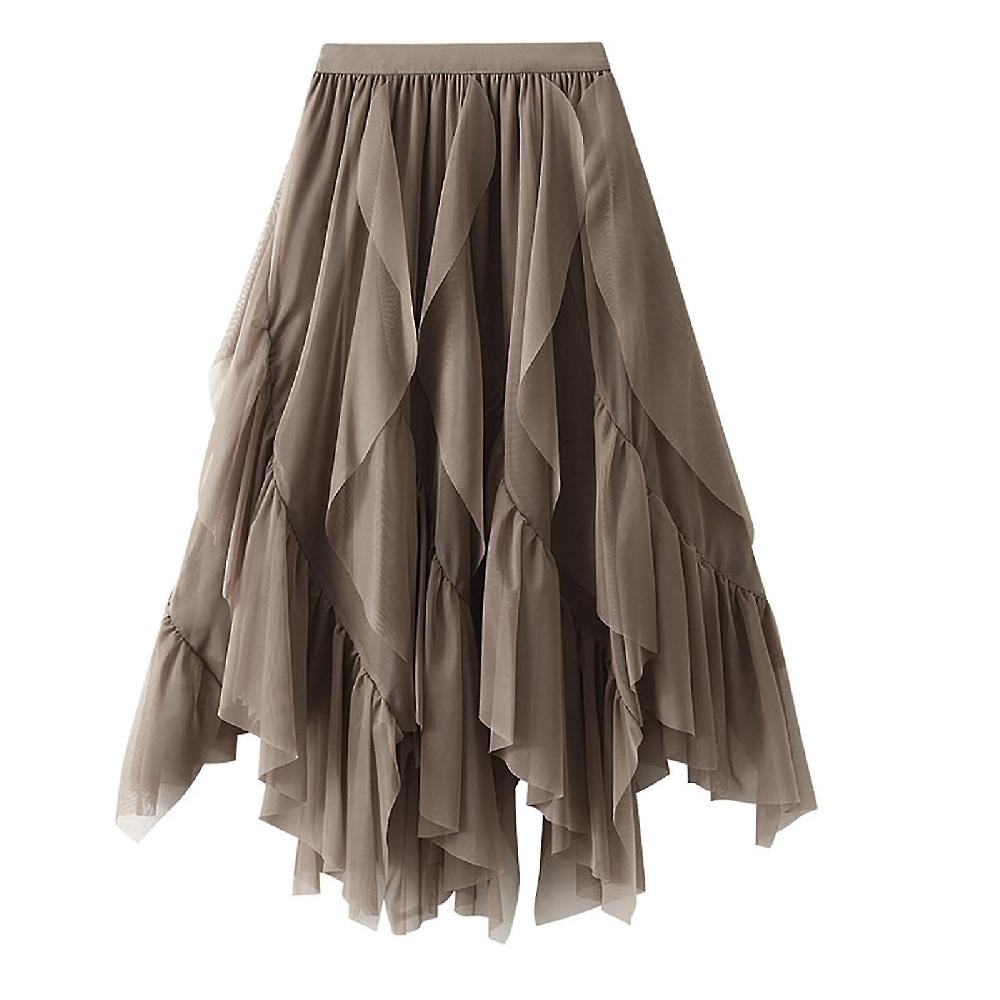Spring Skirts Women'S Solid Color Irregular Mesh Skirt Ruffled High Waist Prom Skirt Convenienza