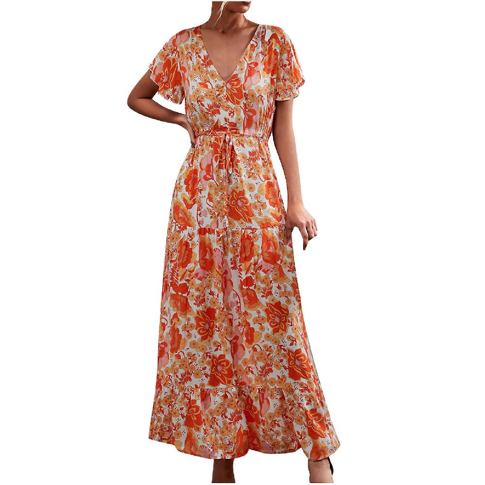 Skirts For Women Plus Size Fashion Women Casual V-Neck Printed Short Sleeve Lace Up Button Dress Skirt Economico