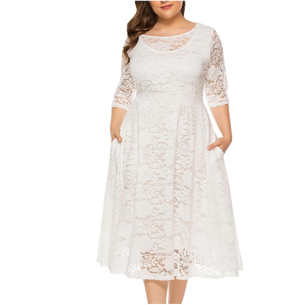 Summer Skirt Women'S Fashion Large Size Hollow Lace Pocket Dress Evening Dress Long Skirt Offerte