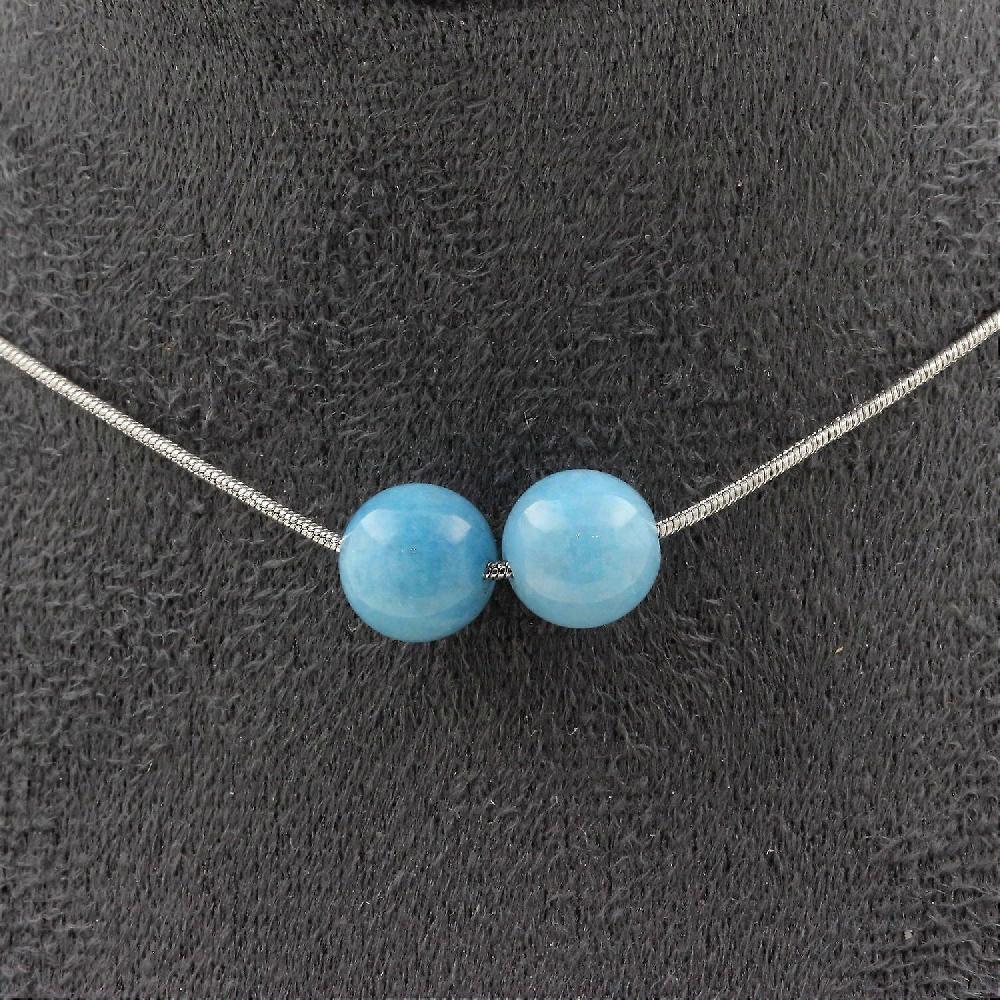 Necklace with 2 blue chalcedony beads 8 mm stainless steel chain Vendita Calda
