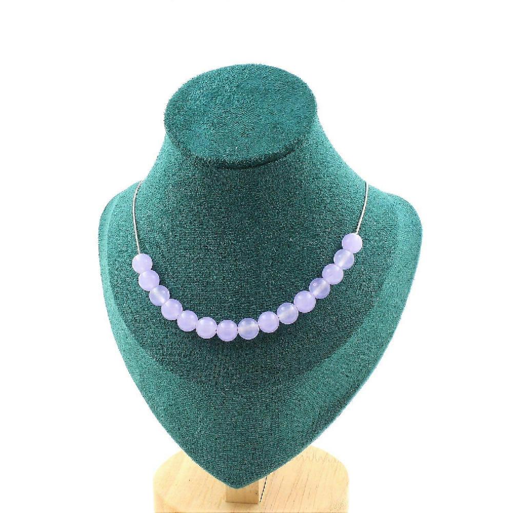 Necklace 15 lavender chalcedony beads 8 mm Stainless steel chain In Saldo