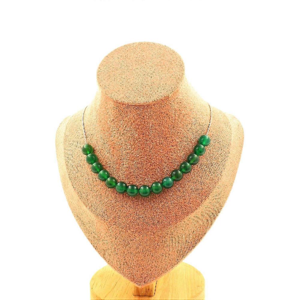 Necklace 15 green Agate beads 8 mm Stainless steel chain Moda