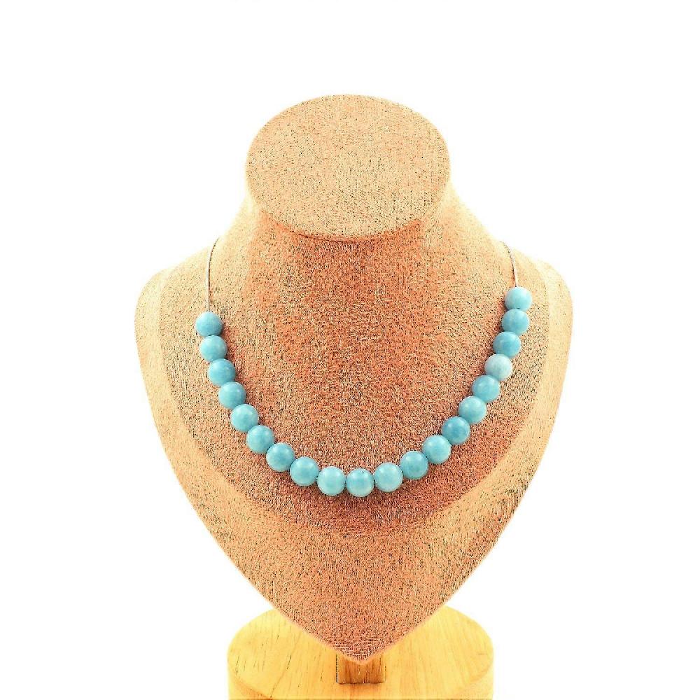 Necklace 20 blue Chalcedony beads 8 mm Stainless steel chain Spedizione gratuita
