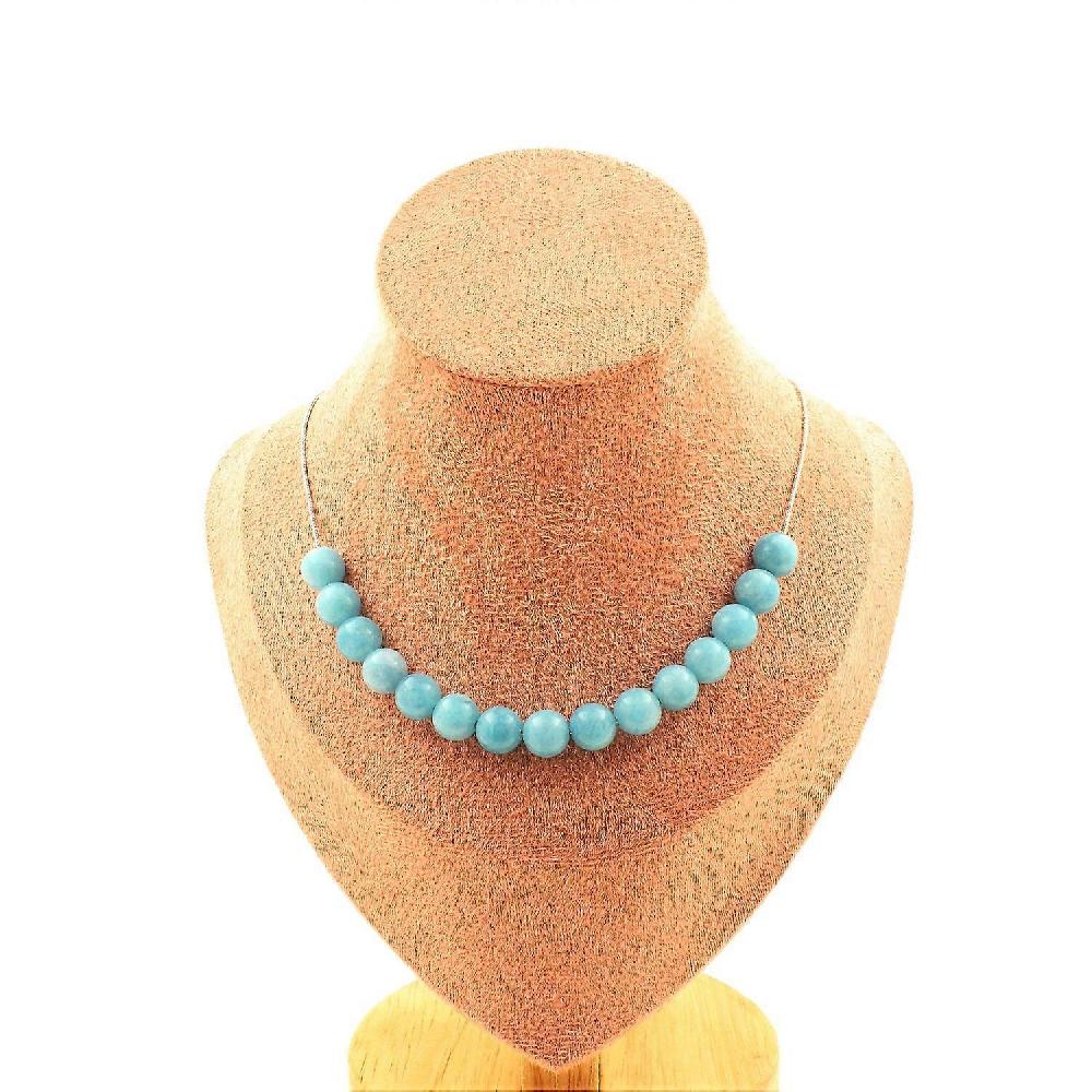 Necklace 15 blue chalcedony beads 8 mm Stainless steel chain Offerta esclusiva