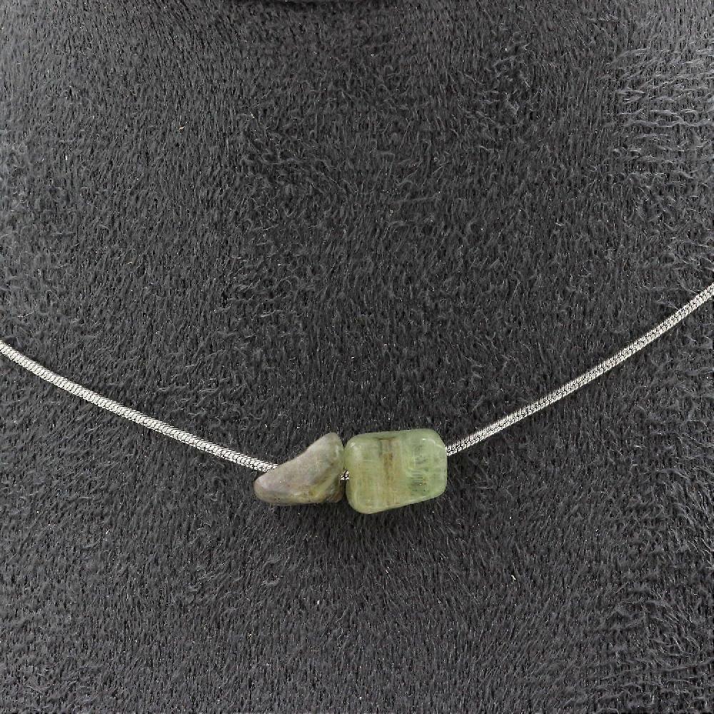 Necklace with 2 green Apatite beads from Madagascar Stainless steel chain