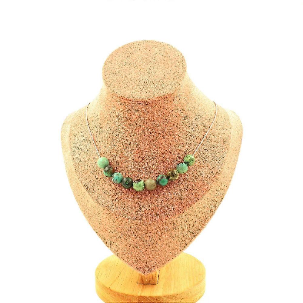 Necklace 10 Chrysocolla beads from Namibia Quality 7A 8 mm Stainless steel chain