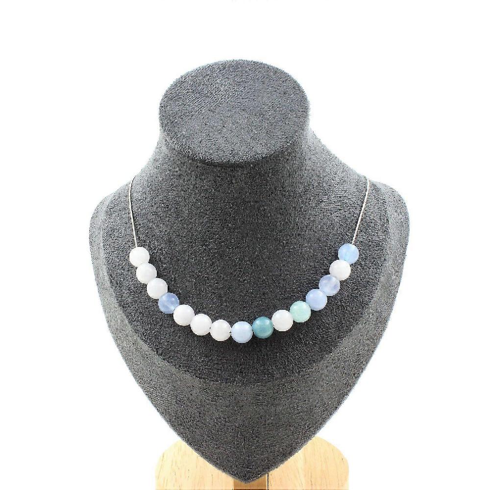 Necklace 15 Aquamarine pearls 8 mm Stainless steel chain Offerta Giorno del Papà