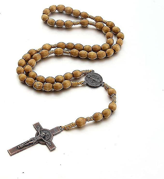 Catholic Cross Rosary Necklace Natural Wood Prayer Beads with Jesus Christ Saint Benedictlight brown khw In vendita