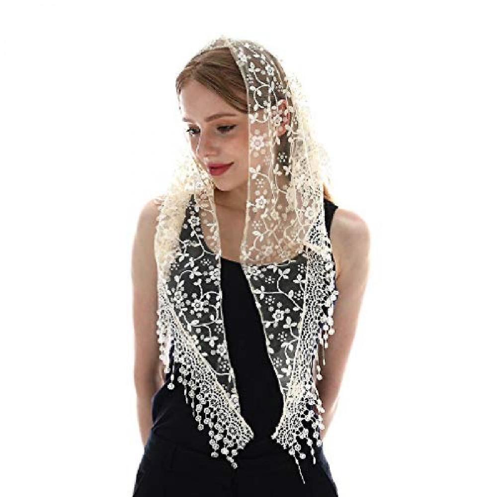 JUSCH Triangle Lace Bride Veil Tulle Scarf Covering Church Veil for Mass Wedding Bridesmaids Beige WZ-1390