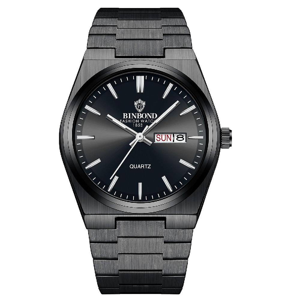 BINBOND B102 Quartz Watch Black Steel-Black-White Moda