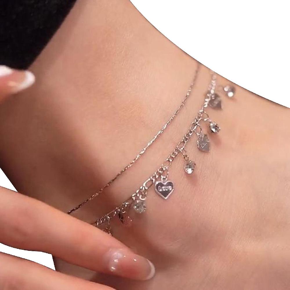 Doppio strato di strass cuore cavigliera oro/argento colore regolabile cuore cavigliera