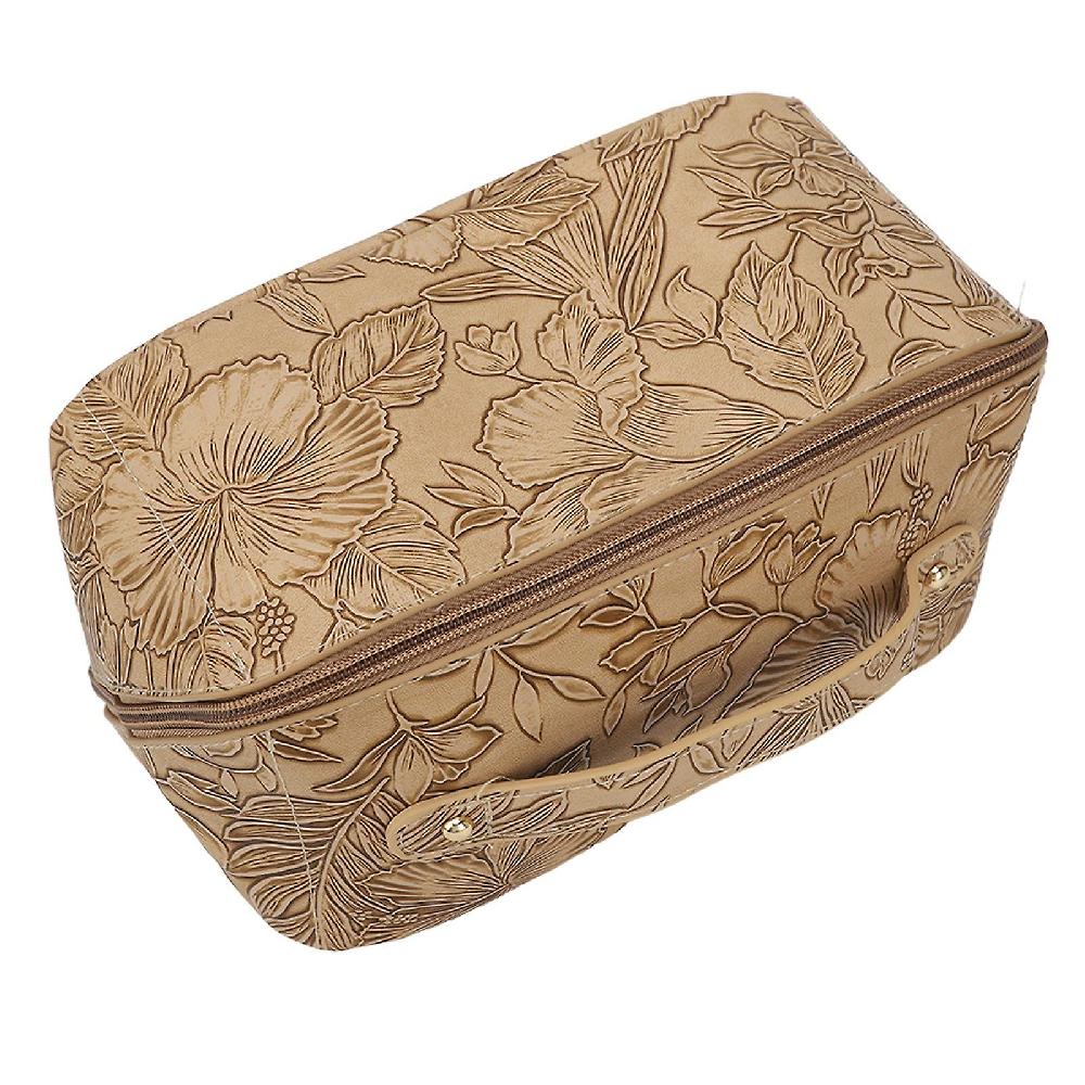 Makeup Bag Large Capacity Khaki PU Leather Floral Embossed Portable Zipper Toiletry Bag with Handle Presa
