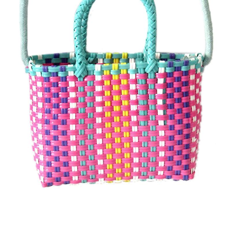 Colorful Woven Bag Small Square Plastic Strip Handle Fashionable for Summer Beach Green and Rose Red Outlet