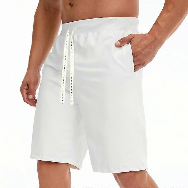 Men's Shorts Casual Drawstring Elastic Waist Beach Shorts with Pockets -white