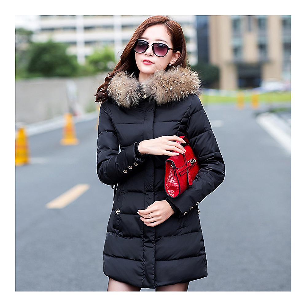 Winter Woman Middle Long Slim Down Coat Fur Collar Hoodied Officina