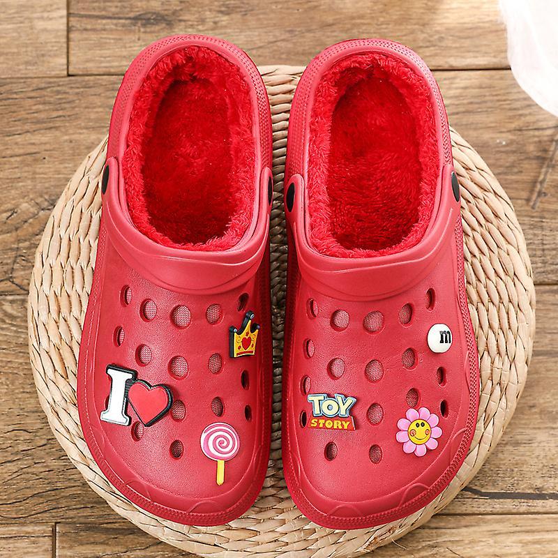 SBSGV Zoccoli Unisex Classici Foderati Pantofole di peluche rosse (con fiore di scarpa) 36