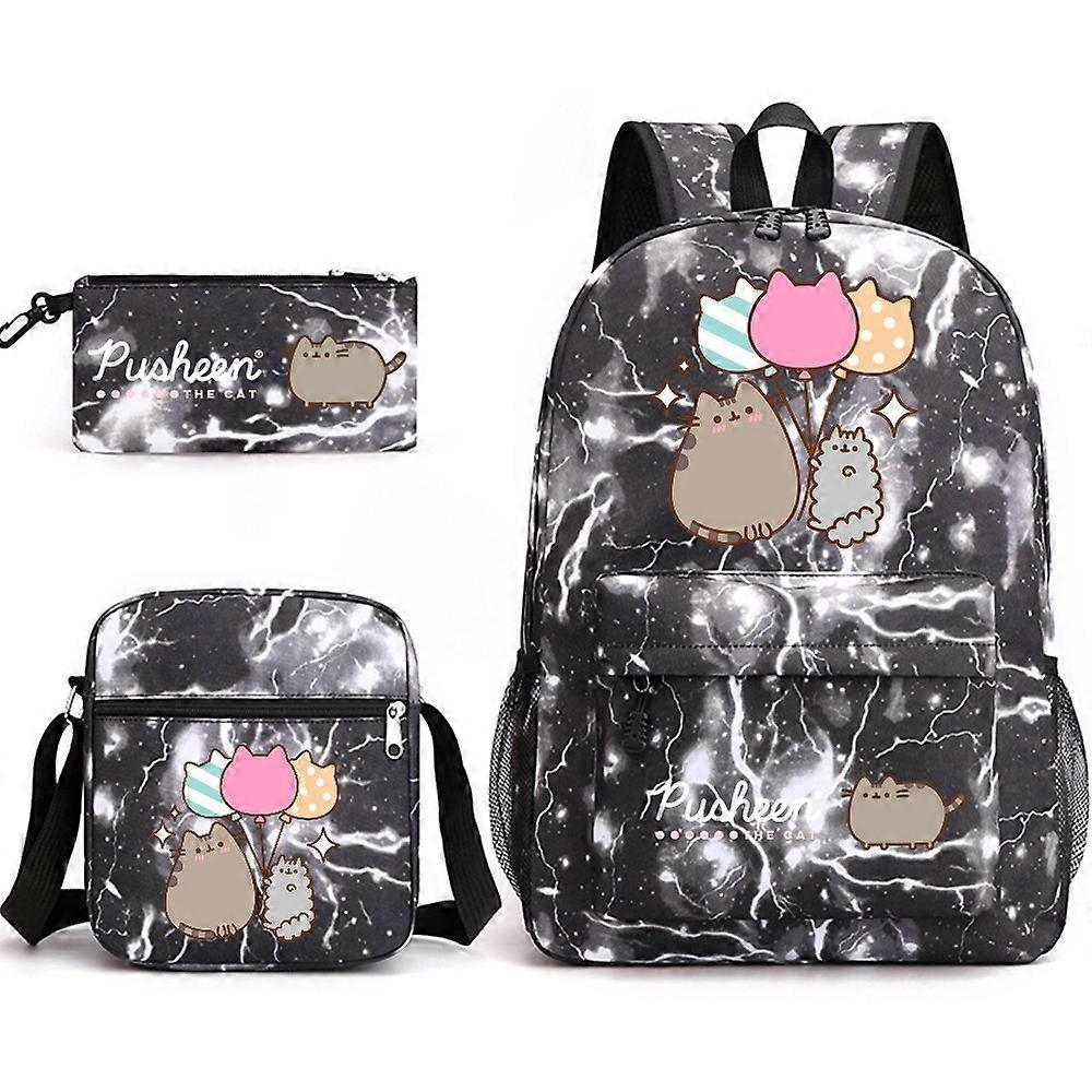 Pusheen Fat Cat zaino da scuola in tre pezzi zaino per studenti casuali maschio e femmina stampato zaino da esterno di grande capacità Lightning Black ~ 2 Enormi risparmi