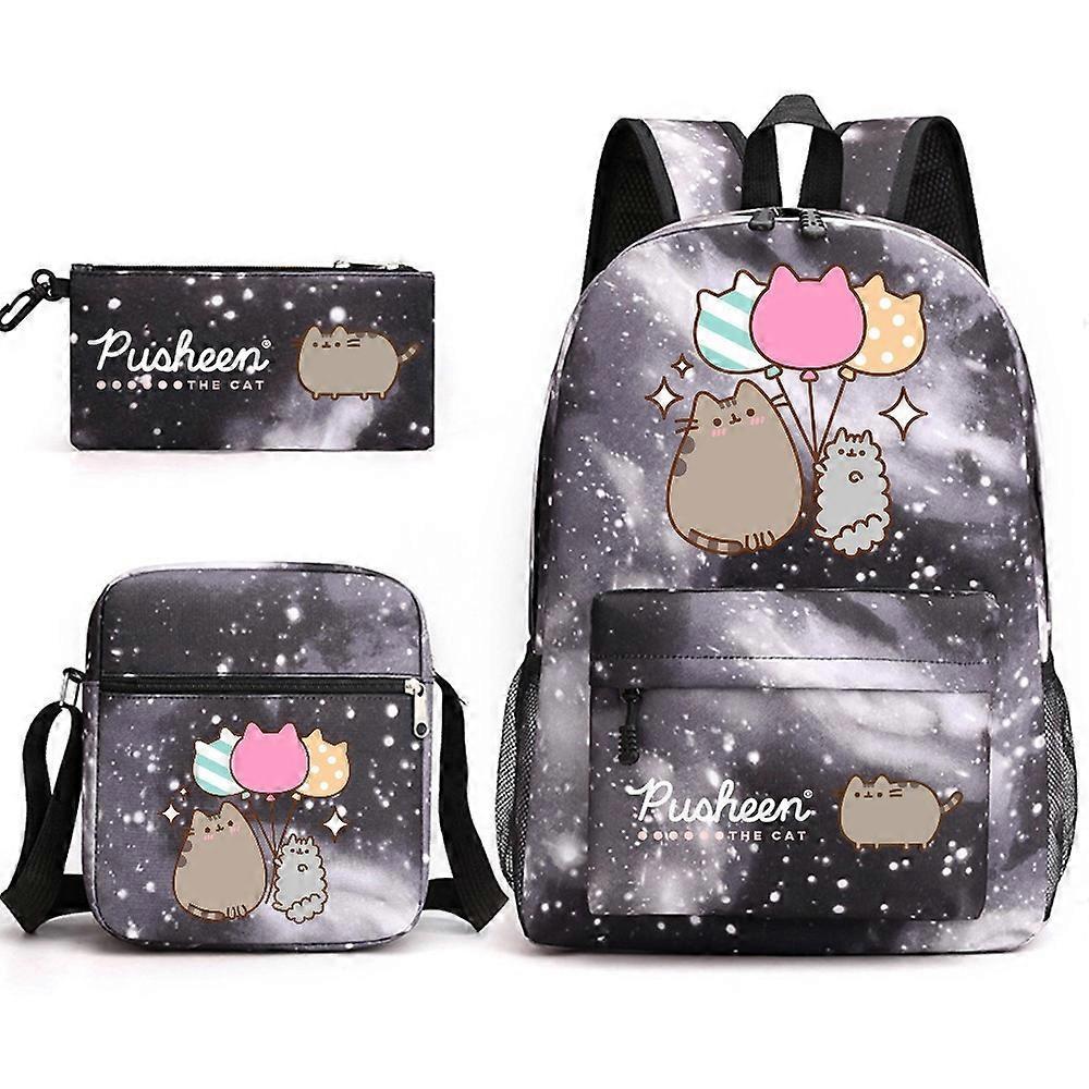 Pusheen Fat Cat zaino da scuola in tre pezzi Zaino per studenti casuali maschio e femmina Zaino da esterno stampato di grande capacità cielo stellato nero ~ 2 Ultimi due giorni