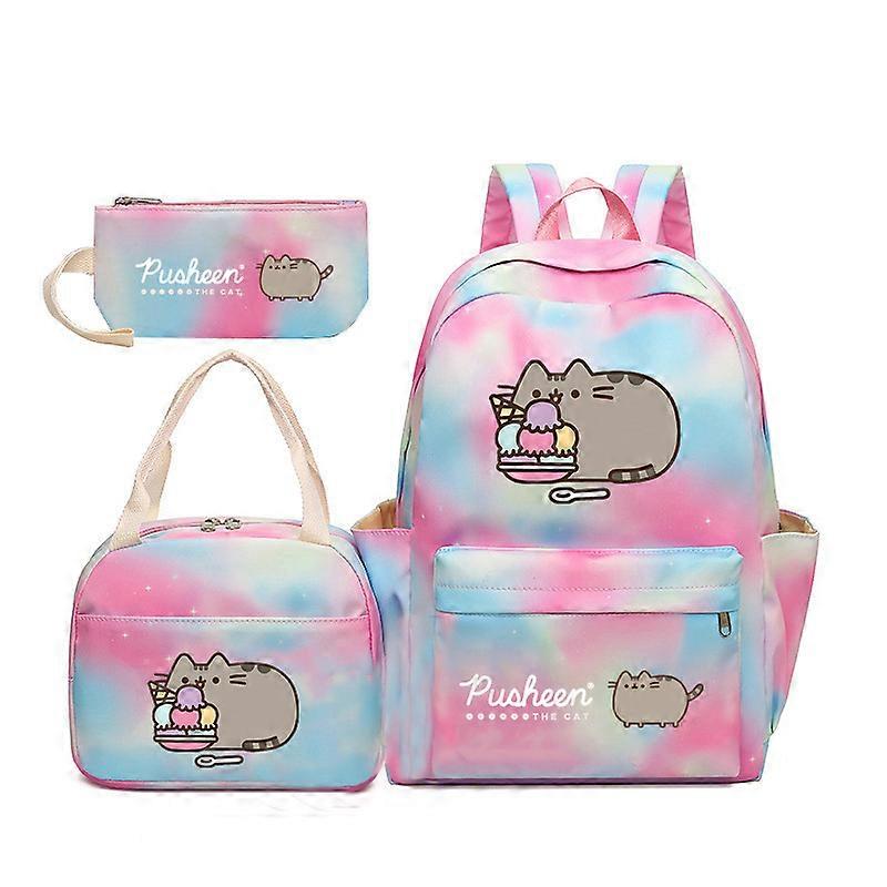 Pusheen Fat Cat Gradient Rainbow Backpack Girly Ins Studenti della scuola primaria e secondaria Zaino da scuola in tre pezzi Cielo stellato polvere ~ 2