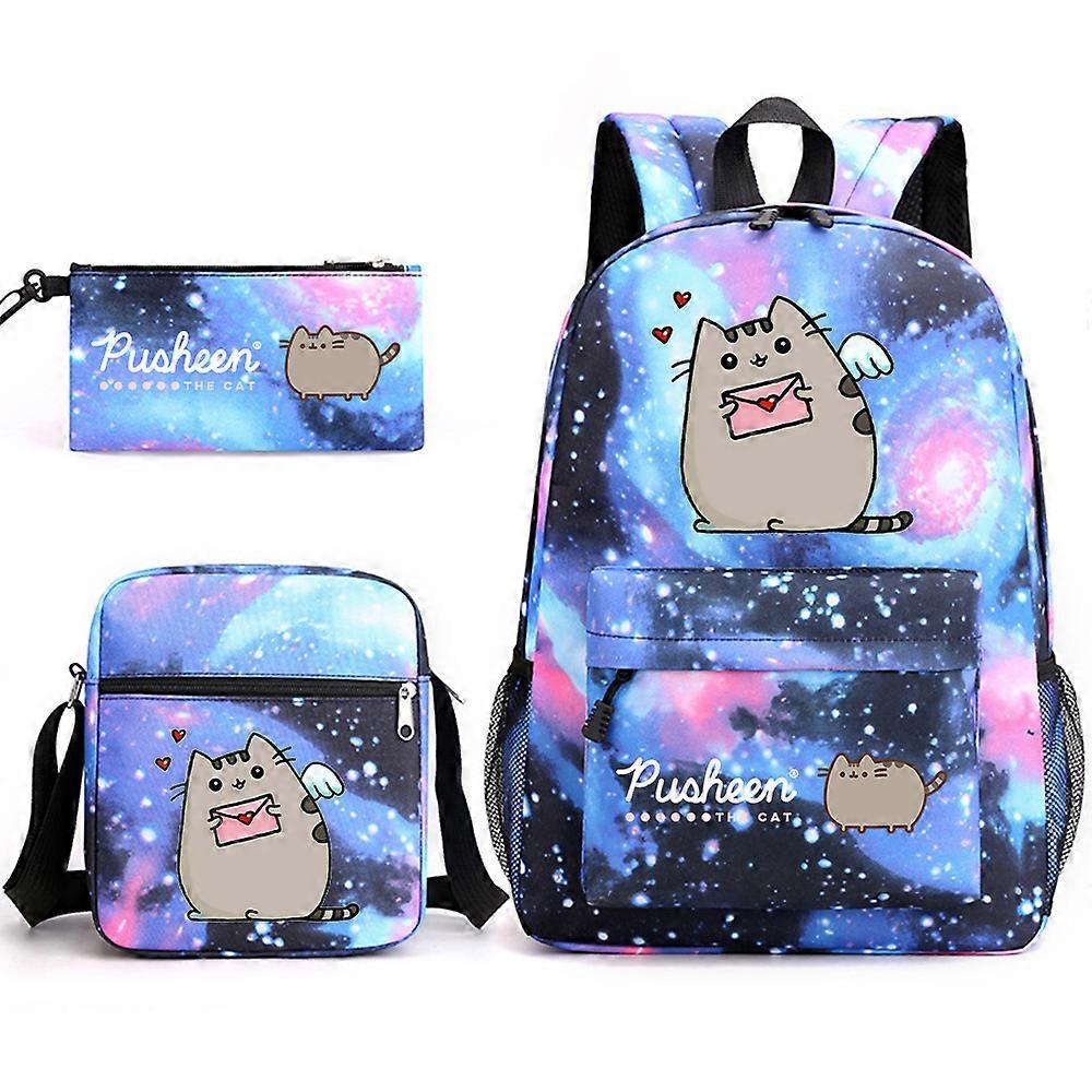 Pusheen Fat Cat zaino da scuola in tre pezzi Zaino per studenti maschio e femmina casuale Zaino da esterno stampato di grande capacità blu stellato ~ 1 Enormi sconti