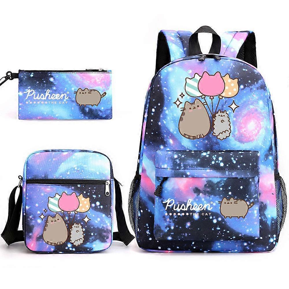 Pusheen Fat Cat zaino da scuola in tre pezzi Zaino per studenti casuali maschio e femmina Zaino da esterno stampato di grande capacità blu stellato ~ 2 Officina